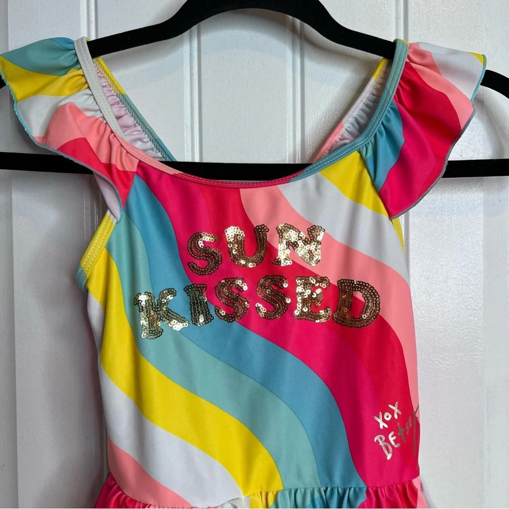 Betsy Johnson Girls ‘Sun Kissed’ Colorful Swimsuit with Pom Pom Trim. Size‎ 7/8